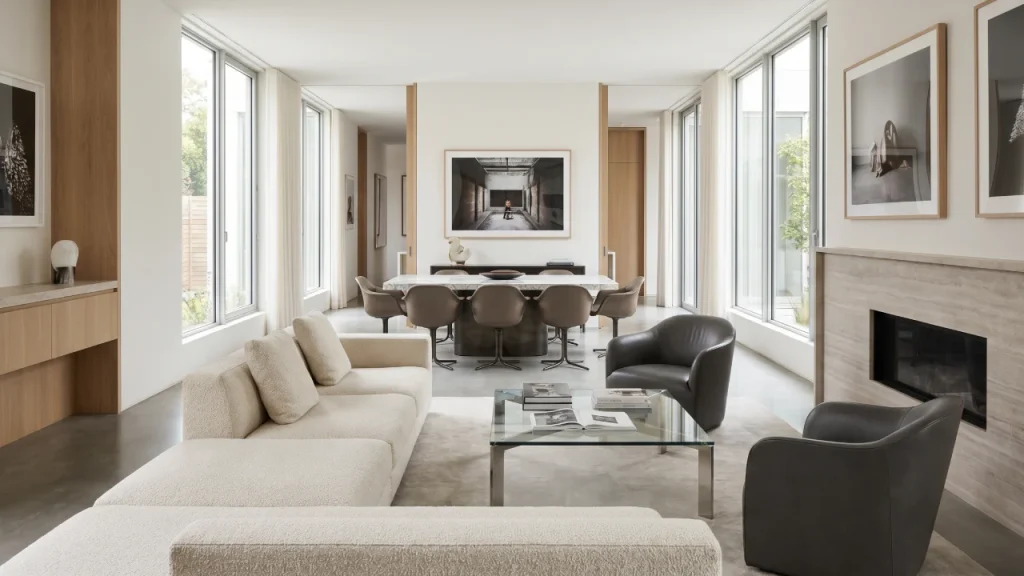 Modern and spacious contemporary living room featuring minimalist furniture and a sleek design. The room includes a soft beige sofa, two comfortable leather armchairs, and a clear glass coffee table with art books on it. Behind the sofa, a formal dining area is furnished with a long table and leather chairs. The space is well-lit by natural light pouring in through large windows, highlighting the light wood accents, neutral tones, and clean lines throughout the room. A minimalist fireplace and modern artwork add elegance to the overall contemporary aesthetic.