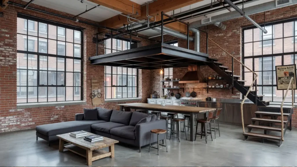 Spacious industrial loft with exposed brick walls, large factory-style windows, and an open layout. The room features a modern grey sectional sofa, a rustic wooden coffee table, and a dining area with a long wooden table and metal stools. The kitchen area is equipped with stainless steel appliances and a metal shelf displaying cookware. A steel staircase leads to a loft area, with exposed pipes and ductwork overhead, adding to the industrial aesthetic. The room has a raw, urban feel with polished concrete floors, high ceilings, and minimal decor, maintaining a balance between functionality and artistic expression.