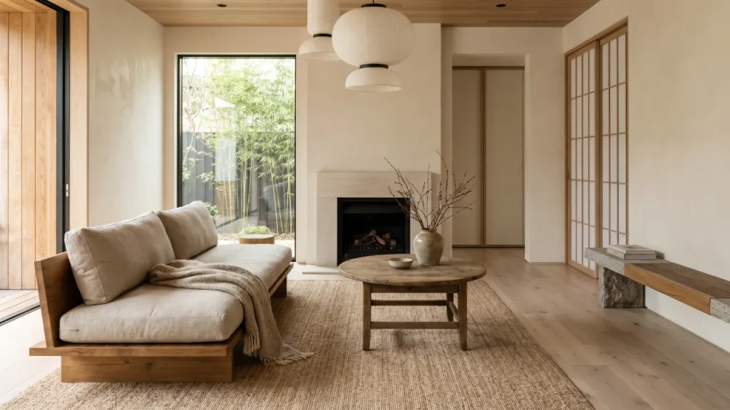 Japandi-style living room featuring a harmonious blend of Japanese and Scandinavian design elements. The space includes a minimalist wooden sofa with light beige cushions, a simple round wooden coffee table, and natural woven rugs on the floor. Soft light filters in through large windows with views of a bamboo garden. The room is adorned with neutral tones, wood accents, and a clean aesthetic, with a vase containing minimalist branches on the table. Sliding wooden doors and a sleek stone shelf add to the understated elegance of the space. The overall feel is serene, peaceful, and functional.
