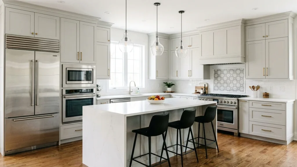 Modern kitchen with a bright, clean design featuring light grey cabinetry, brass handles, and white marble countertops, showcasing some of the best kitchen renovation ideas. The kitchen includes stainless steel appliances, including a double oven, microwave, and refrigerator. The large island has a white marble countertop and is surrounded by four black bar stools. Two pendant lights hang above the island, and natural light streams through a large window, brightening the space. The backsplash is a classic white subway tile with a decorative patterned tile behind the stove. The kitchen also features wooden flooring, adding warmth to the minimalist aesthetic.