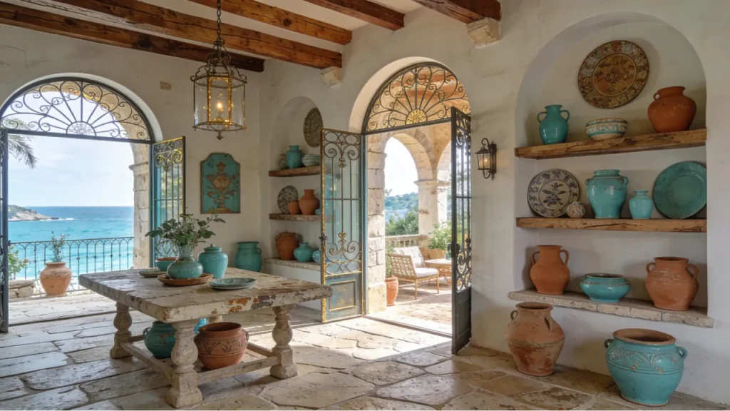 Charming Mediterranean-style interior featuring rustic, natural elements and coastal views. The room includes a weathered wooden dining table surrounded by terracotta and turquoise pottery, and open shelves adorned with decorative vases and ceramics. Large arched doors with intricate ironwork open to a balcony overlooking the sea. The space features natural stone flooring, wooden beams, and soft, neutral walls, creating a warm and inviting atmosphere. The Mediterranean aesthetic is enhanced by the blend of earthy tones, natural textures, and vibrant accents.