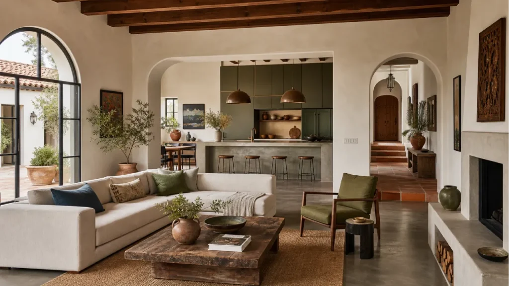 Elegant Modern Spanish-style living room featuring rustic charm with a contemporary touch. The space includes a light beige sectional sofa with plush cushions, a wooden coffee table, and a green armchair. The room has exposed wooden beams on the ceiling and large arched windows that offer a view of the outdoor patio with terracotta pots. A sleek kitchen area with olive green cabinetry and a marble countertop is visible in the background. The room is accented with decorative ceramic vases, earth-toned artwork, and a wooden console table. The overall atmosphere blends traditional Spanish design elements with modern functionality, featuring warm neutral tones and natural textures.