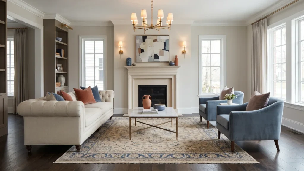 Elegant transitional-style living room that blends traditional and modern elements. The room features a light-colored tufted sofa with earth-toned throw pillows, two soft blue velvet armchairs, and a classic marble coffee table. A neutral-toned area rug with subtle patterns anchors the space. The room is illuminated by a sophisticated chandelier and wall sconces. The mantel fireplace is the focal point, with minimalist decorative accents and a modern abstract painting above it. Large windows allow natural light to flow into the room, creating a warm and inviting atmosphere.