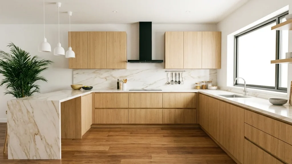 Modern U-shaped kitchen with a minimalist design featuring light wood cabinetry and marble countertops with soft beige and grey veining, reflecting some of the best kitchen renovation ideas. The space includes a stainless steel sink beneath a large window, a black stove hood above the cooking area, and subtle kitchen essentials like olive oil bottles and utensils. The cabinetry has sleek, handleless drawers, and the island features a matching marble countertop with a wood base. The room is bright and airy, with natural wood flooring and modern pendant lighting above the countertop, creating a clean, functional space.