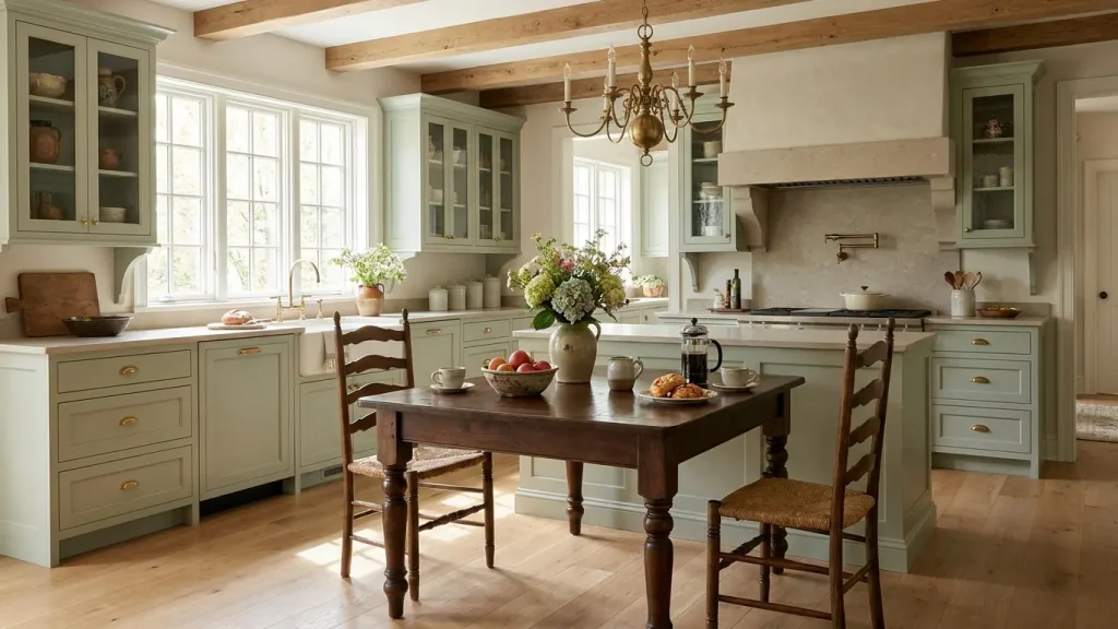 Charming kitchen with soft sage green cabinetry, wooden floors, and natural light pouring in through large windows. The space includes a classic farmhouse-style sink, a wooden dining table with a vase of fresh flowers, and a simple breakfast setup with croissants, fruit, and coffee cups. The light, neutral palette is complemented by a gold chandelier hanging above the table. The kitchen has a rustic yet elegant feel, with exposed wooden beams and clean, functional design elements, making it the perfect space for a cozy breakfast or coffee time.