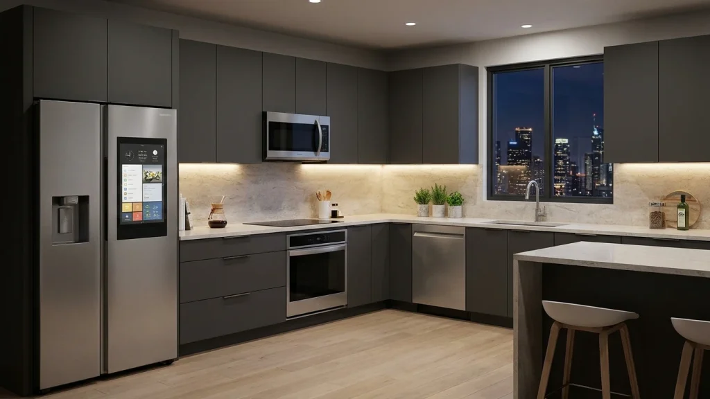 Modern kitchen featuring sleek dark grey cabinetry, stainless steel appliances, and a marble-look countertop. The kitchen includes a smart fridge with a digital touchscreen, a microwave, dishwasher, and range hood. The backsplash is a light marble finish, complemented by under-cabinet LED lighting that creates a warm glow. The space is illuminated by natural light through a large window, offering a view of the city skyline at night. The design is minimalistic yet functional, focusing on appliances that work smarter to simplify daily tasks while maintaining a modern aesthetic.