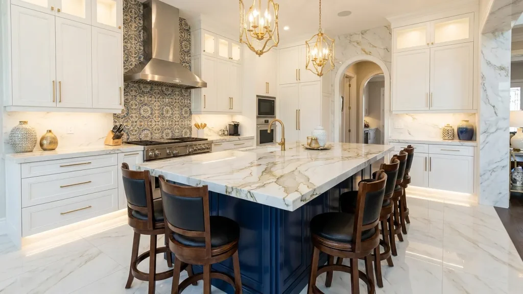 Luxurious kitchen featuring a large central island with a bold marble countertop that has dramatic gold veining, exemplifying some of the best kitchen renovation ideas. The kitchen is equipped with high-end stainless steel appliances, including a gas cooktop, oven, and vent hood. The cabinetry is white with gold hardware, and a decorative blue patterned backsplash adds a rich contrast to the clean design. Gold pendant lights hang above the island, while wooden bar stools with black seats complete the elegant look. The space is illuminated with under-cabinet lighting, highlighting the marble surfaces and giving the kitchen a sophisticated, modern feel.