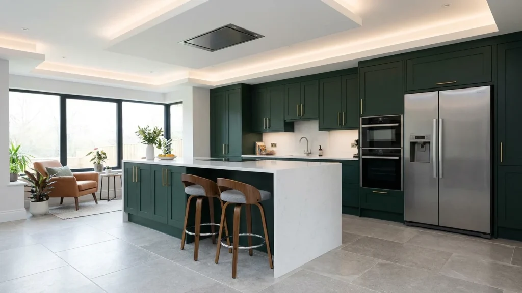 Stylish modern kitchen with dark green cabinetry, gold handles, and a white marble island countertop. The kitchen features stainless steel appliances, including a refrigerator, oven, and built-in microwave, seamlessly integrated into the cabinetry. The space is illuminated by recessed ceiling lights and under-cabinet lighting, creating a warm, inviting atmosphere. The kitchen flooring is light grey stone tiles, with a matching ceiling color that complements the overall aesthetic. The open layout includes two wooden bar stools with grey cushions, positioned at the island, adding to the kitchen’s functional and modern design.