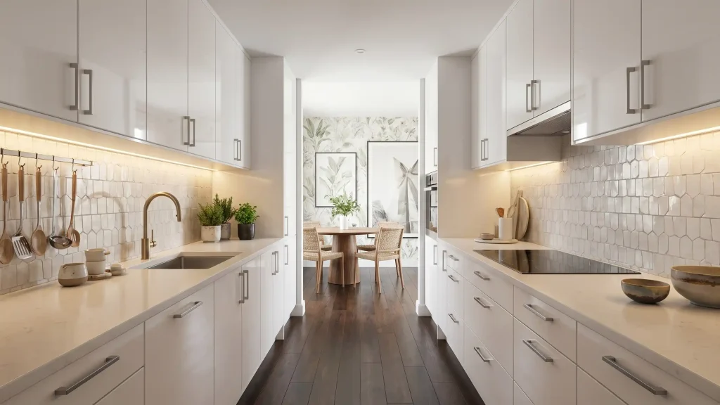 Modern gallery-style kitchen featuring some of the best kitchen renovation ideas, with white cabinetry and a minimalist design. The kitchen includes sleek countertops, a stainless steel faucet, and under-cabinet lighting that highlights the geometric white backsplash tiles. On the counter, there are a few kitchen essentials like utensils, bowls, and plants. The space also features a built-in stove and is enhanced by warm wooden flooring. The kitchen leads into a small dining area with a round table and woven chairs, creating a warm, inviting atmosphere. The overall design is open and airy, with a bright, clean layout that maximizes space.