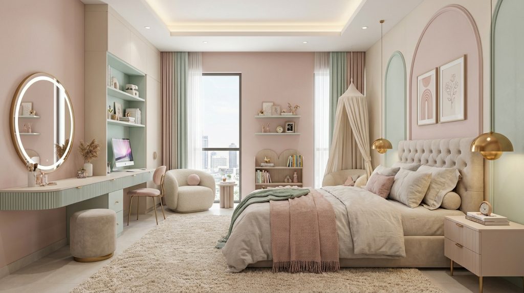 Girls room design Dubai with pastel colors and storage