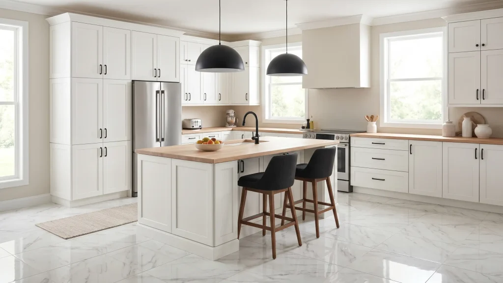 Modern kitchen with a light, airy feel featuring white shaker-style cabinetry, a wooden countertop for a warm contrast, and sleek black handles, showcasing some of the best kitchen renovation ideas. The central focus is a large kitchen island with a wood countertop, surrounded by two modern bar stools. The kitchen includes stainless steel appliances such as a refrigerator, oven, and a black faucet above the sink. Natural light streams in from large windows, highlighting the marble-look flooring and the clean, contemporary design. The space is neat and organized, perfect for a functional and stylish kitchen.