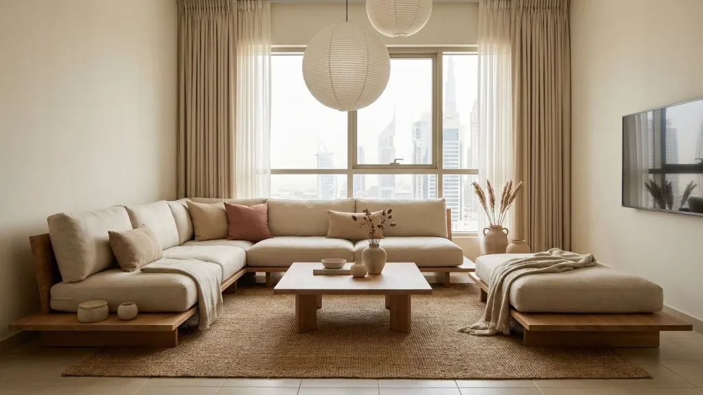 Japandi design Dubai homes with natural wood interiors