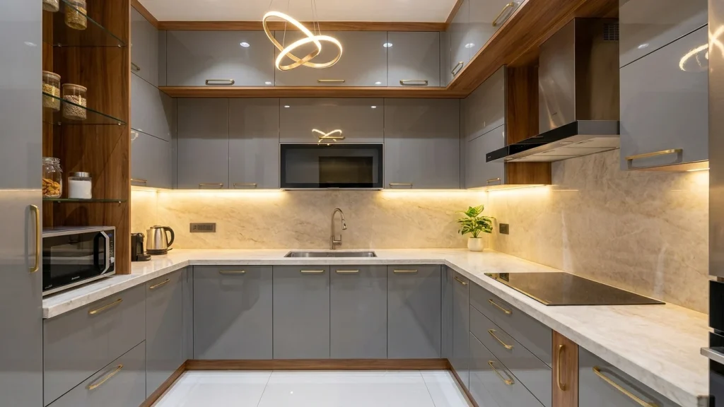 Modern kitchen with sleek grey high-gloss cabinetry, gold hardware, and wooden accents. The countertop is light marble with subtle grey veining, complementing the cabinetry's minimalist design. The kitchen includes a stainless steel sink, a microwave, kettle, and built-in cooktop with a stainless steel range hood above. Under-cabinet LED lighting illuminates the space, enhancing the sleek, modern feel. The overall design is both functional and stylish, with a plant on the counter adding a touch of greenery to the clean layout.