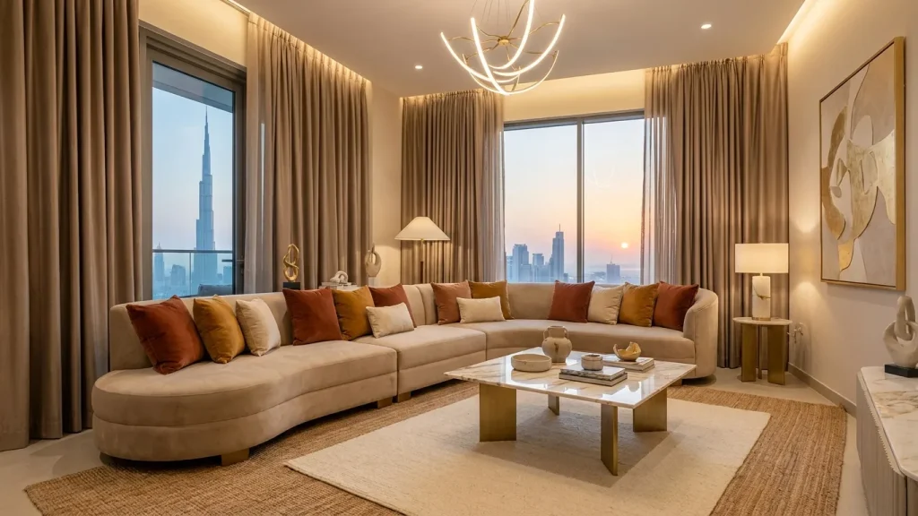 Living room fabrics and color palette in Dubai interiors