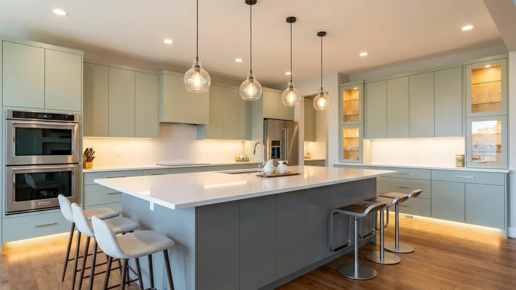 Modern kitchen featuring light sage green cabinetry, sleek white quartz countertops, and stainless steel appliances. The central island is complemented by four minimalist bar stools with wood and metal accents. Above the island, three glass pendant lights provide stylish, ambient lighting. The kitchen is illuminated by under-cabinet lighting that highlights the countertops and adds a soft glow to the space. Large windows allow natural light to flood the room, enhancing the warm, clean aesthetic. The wood flooring adds a touch of warmth to the otherwise cool-toned kitchen.