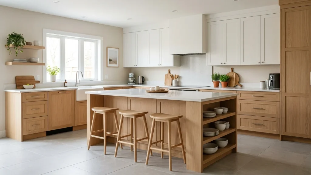 Bright, modern kitchen with a peninsula layout featuring light wood cabinetry and white countertops, showcasing some of the best kitchen renovation ideas. The kitchen includes open shelving on the peninsula, with neatly stacked bowls displayed. The central peninsula island provides additional countertop space, complemented by three wooden bar stools. The cabinetry blends white upper cabinets with wooden lower cabinets, and sleek, handleless drawers give it a clean, minimal look. Natural light fills the space through large windows, and the light-colored tile flooring adds warmth. The kitchen is organized, with plants and small kitchen accessories creating a cozy, inviting atmosphere.