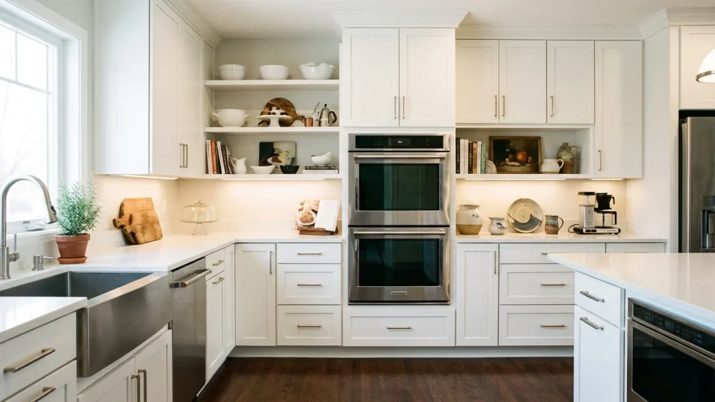 Modern kitchen with white shaker-style cabinetry, featuring open shelves with carefully arranged decorative kitchenware, including ceramic bowls, a cookbook, and plants. The stainless steel double ovens are integrated into the cabinetry, along with a dishwasher and sink beneath a large window, letting in natural light. Under-cabinet lighting enhances the clean, minimalistic aesthetic of the space. The countertop is a white marble-like surface, and the kitchen has a warm touch with dark wooden flooring and unique decorative accents, making the space feel both functional and personalized.