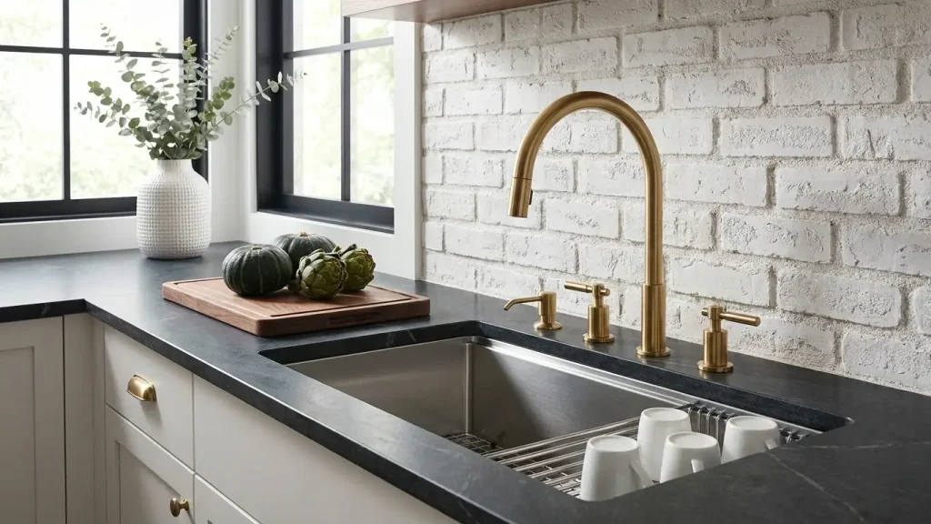 Modern kitchen sink area featuring a stainless steel undermount sink with a brushed brass faucet and matching brass handles for a stylish and functional design. The countertop is a dark stone surface with a sleek, clean look, complemented by a wooden cutting board with fresh produce. The backsplash is made of white brick tiles, adding texture and contrast to the space. Above the sink, large windows allow natural light to flood the area, creating a bright, airy feel. The space is neatly organized with a few decorative items, including a vase with greenery.